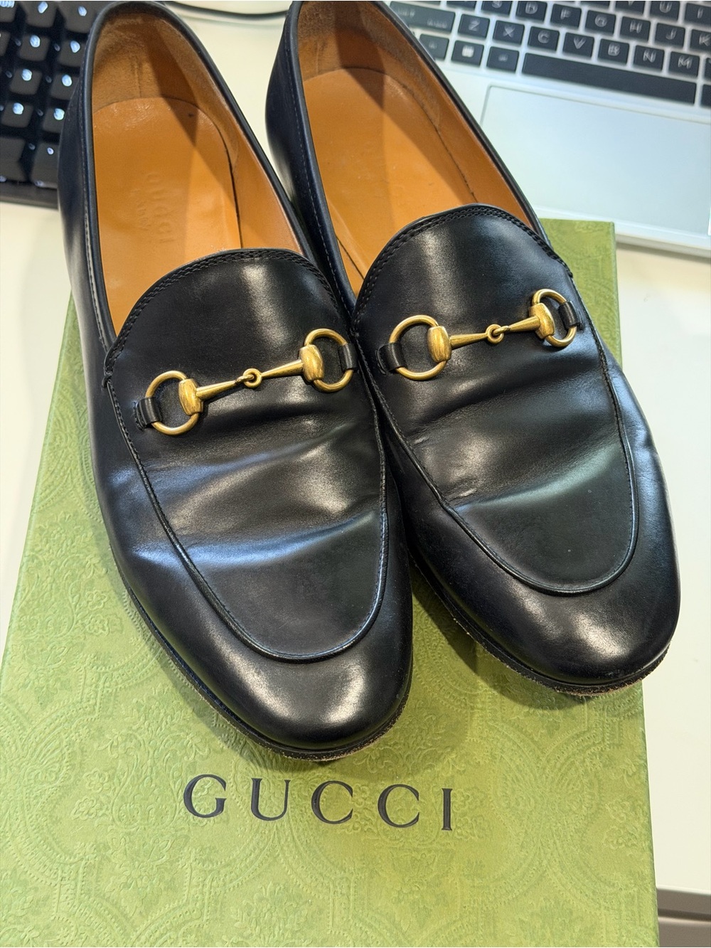 Authentic Gucci Black Leather Loafers with Gold Horsebit Detail